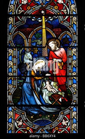 Nativity scene stained glass, St.Edith`s Church, Monks Kirby, Warwickshire, England, UK Stock Photo